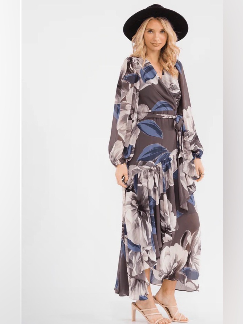0267. Floral Wrap Maxi Dress in Charcoal and Blue